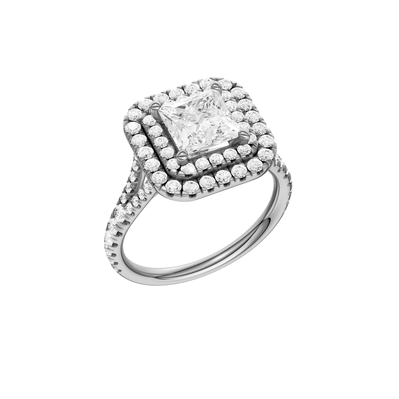 A three-quarter view of the Princess cut diamond engagement ring in 14k white gold with a prong band and cathedral setting