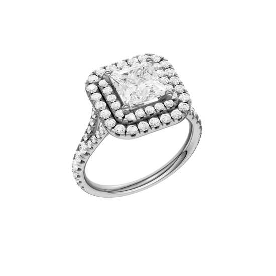A three-quarter view of the Princess cut diamond engagement ring in platinum with a prong band and cathedral setting