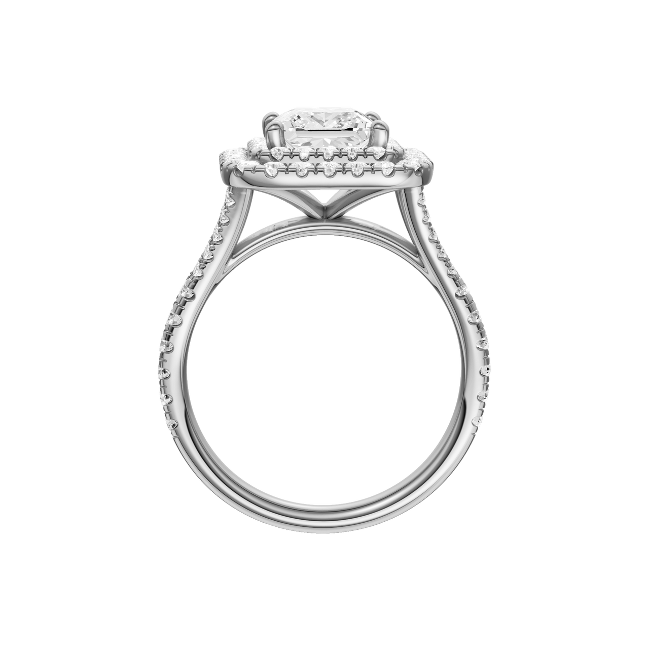 A profile view of the Princess cut diamond engagement ring in platinum with a prong band and cathedral setting