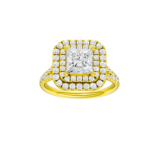 A front view of the Princess cut diamond engagement ring in 14k yellow gold with a prong band and cathedral setting
