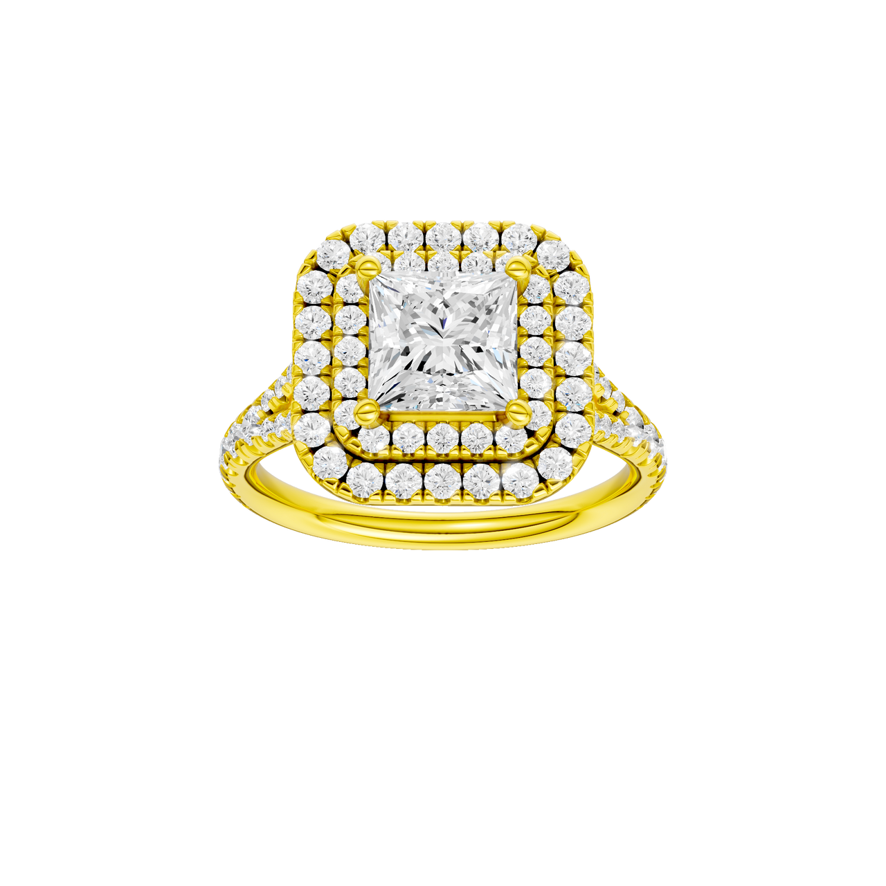 A front view of the Princess cut diamond engagement ring in 14k yellow gold with a prong band and cathedral setting