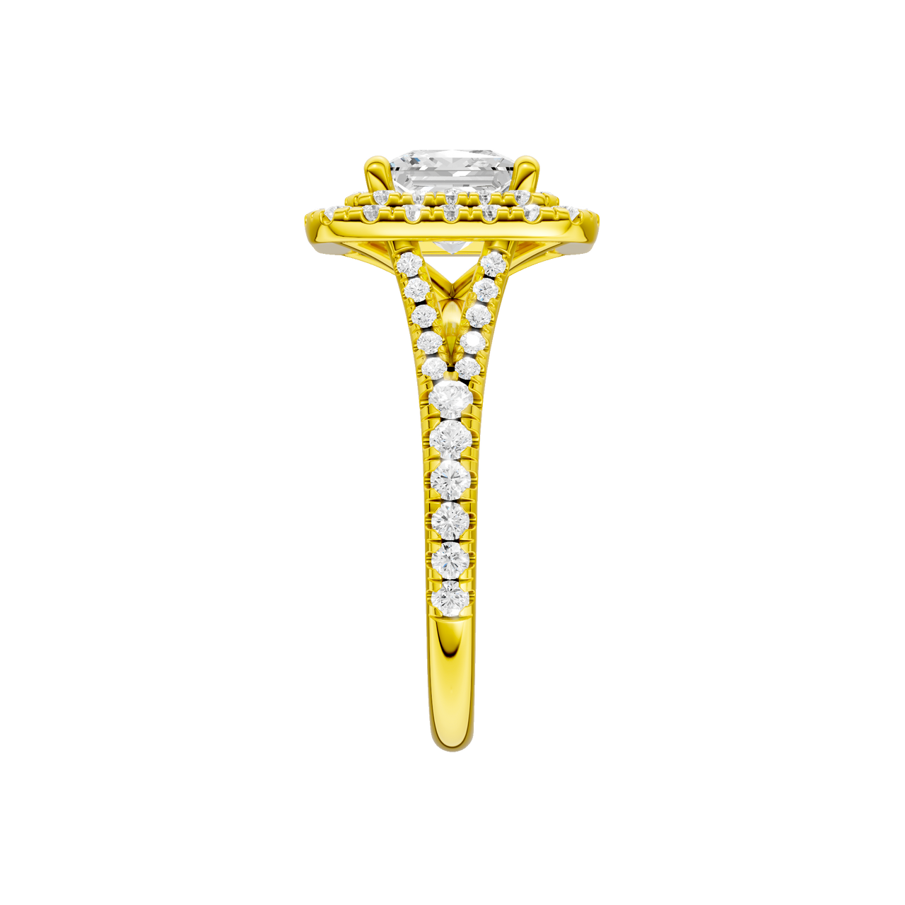 A side view of the Princess cut diamond engagement ring in 14k yellow gold with a prong band and cathedral setting