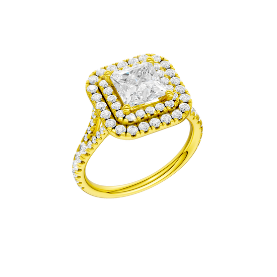 A three-quarter view of the Princess cut diamond engagement ring in 14k yellow gold with a prong band and cathedral setting