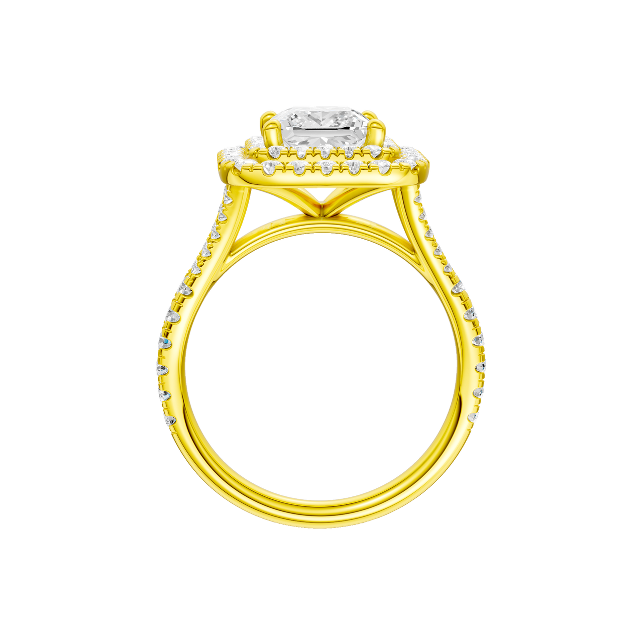 A profile view of the Princess cut diamond engagement ring in 14k yellow gold with a prong band and cathedral setting
