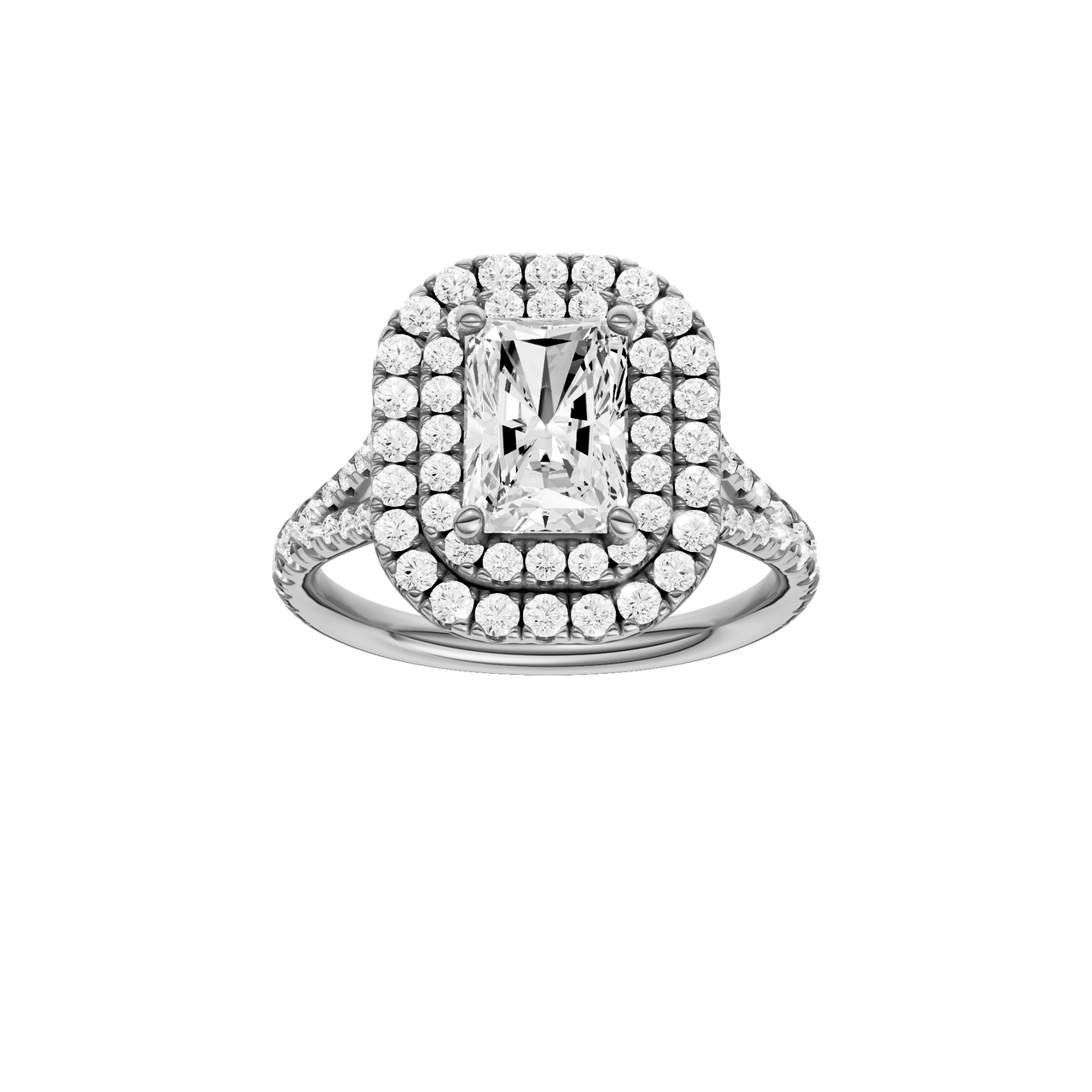A front view of the Radiant cut diamond engagement ring in 14k white gold with a prong diamond band and split setting