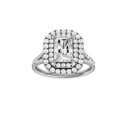 A front view of the Radiant cut diamond engagement ring in 14k white gold with a prong diamond band and split setting