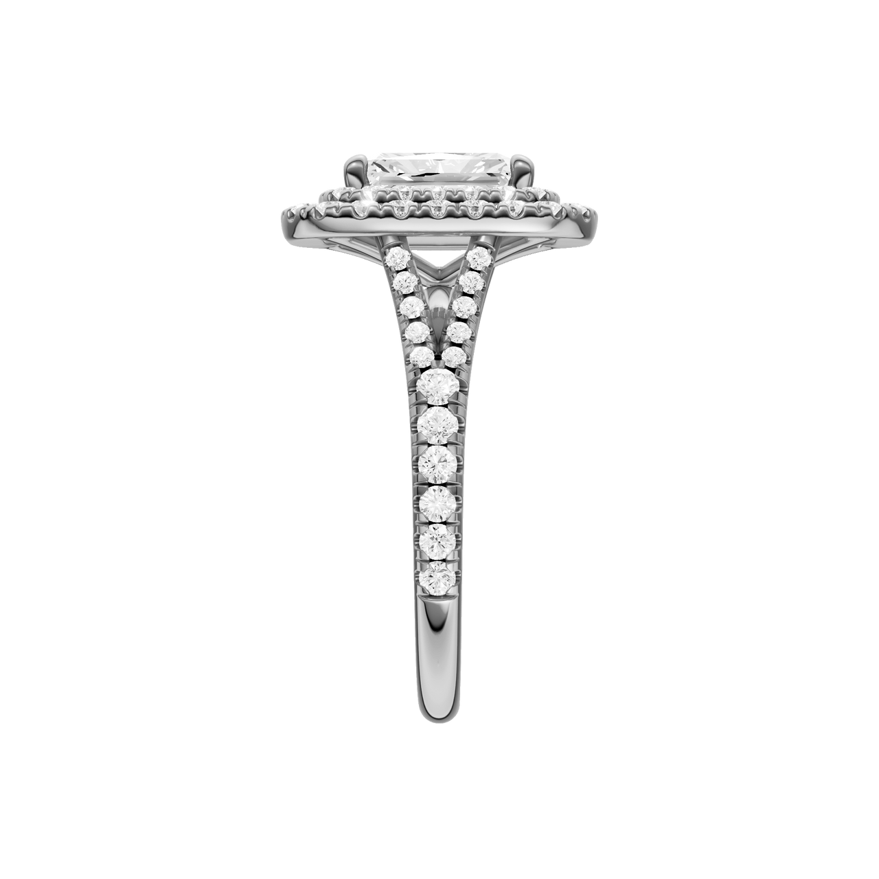 A side view of the Radiant cut diamond engagement ring in platinum with a prong diamond band and split setting