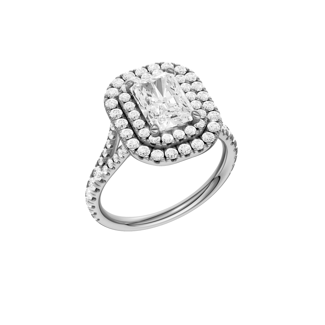 A three-quarter view of the Radiant cut diamond engagement ring in 14k white gold with a prong diamond band and split setting