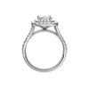 A profile view of the Radiant cut diamond engagement ring in 14k white gold with a prong diamond band and split setting