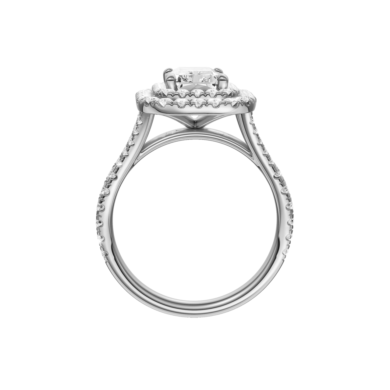 A profile view of the Radiant cut diamond engagement ring in 14k white gold with a prong diamond band and split setting