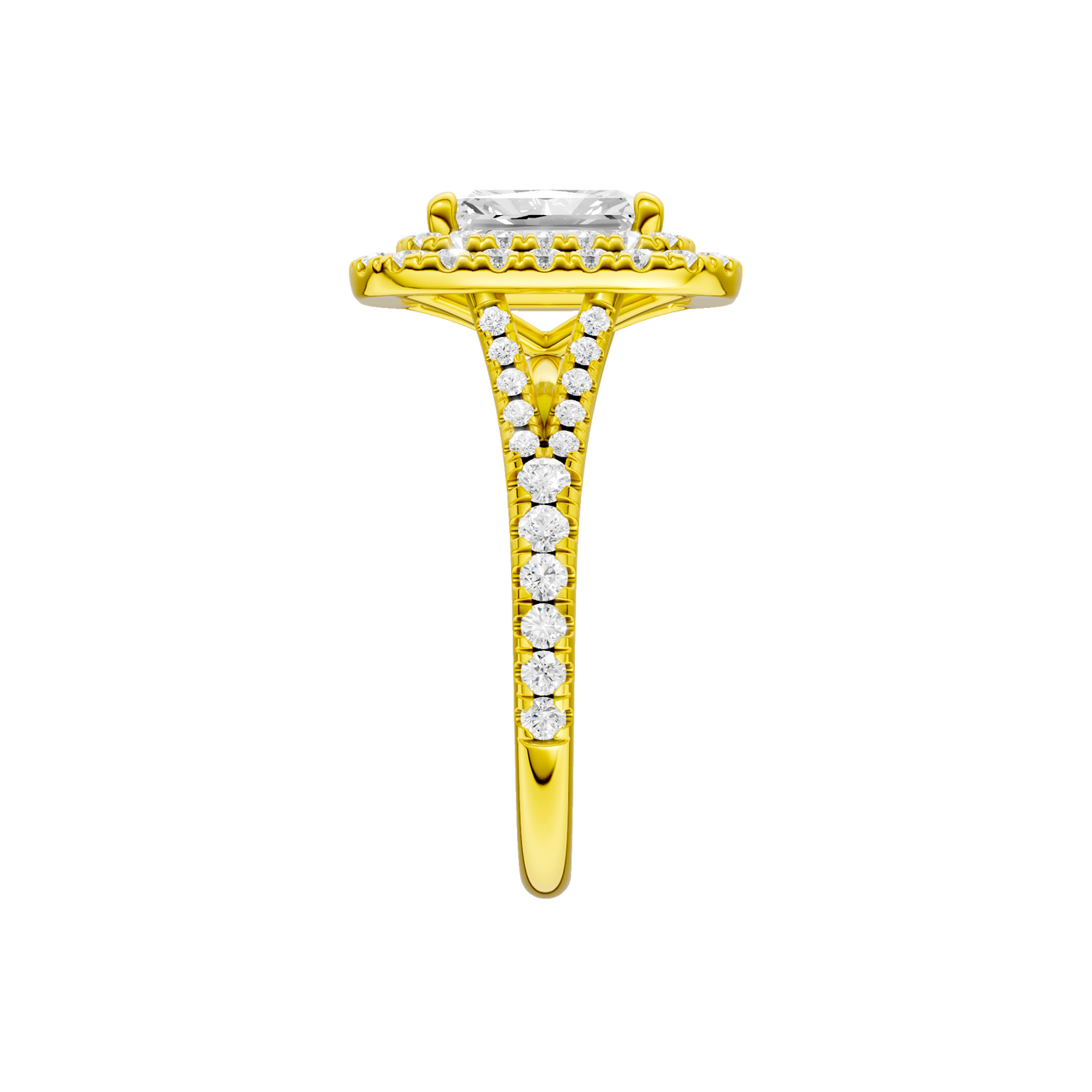A side view of the Radiant cut diamond engagement ring in 14k yellow gold with a prong diamond band and split setting