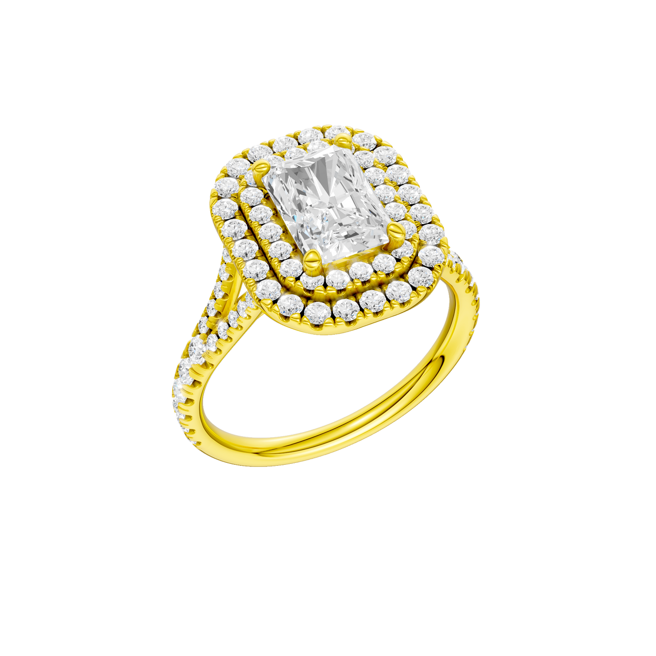 A three-quarter view of the Radiant cut diamond engagement ring in 14k yellow gold with a prong diamond band and split setting