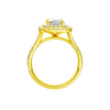 A front view of the Radiant cut diamond engagement ring in 14k yellow gold with a prong diamond band and split setting
