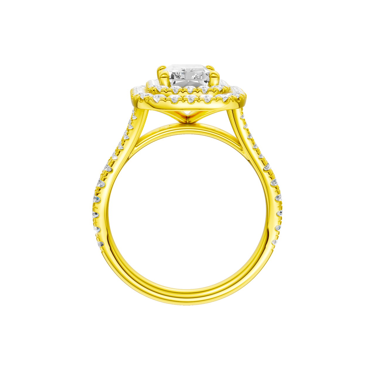 A front view of the Radiant cut diamond engagement ring in 14k yellow gold with a prong diamond band and split setting
