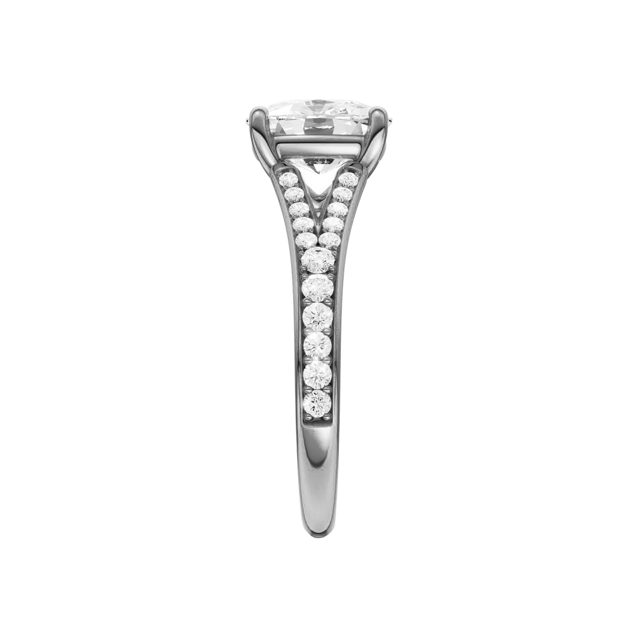A side view of the Elongated cushion cut diamond engagement ring in 14k white gold with a diamond channel band and split setting