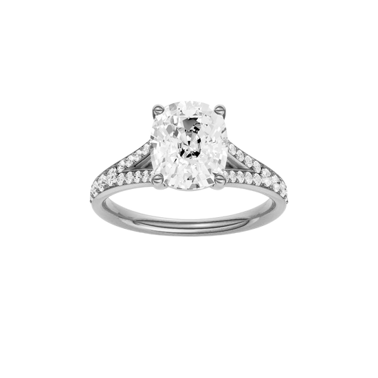 A front view of the Elongated cushion cut diamond engagement ring in platinum with a diamond channel band and split setting