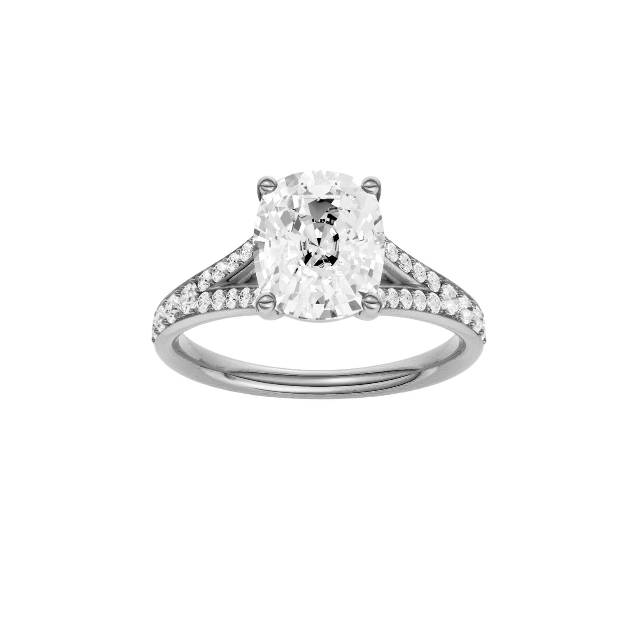 A front view of the Elongated cushion cut diamond engagement ring in platinum with a diamond channel band and split setting