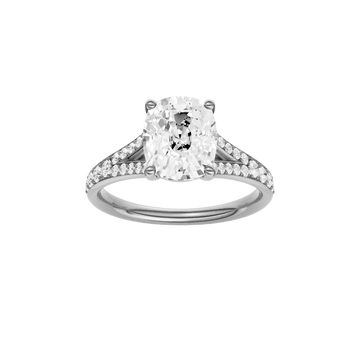 A front view of the Elongated cushion cut diamond engagement ring in 14k white gold with a diamond channel band and split setting
