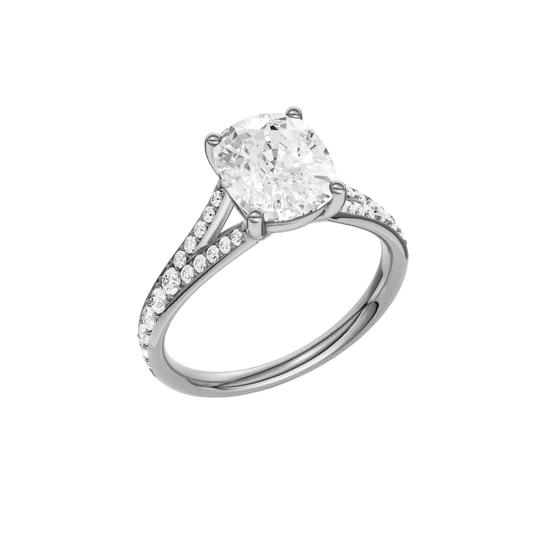A  three-quarter view of the Elongated cushion cut diamond engagement ring in 14k white gold with a diamond channel band and split setting