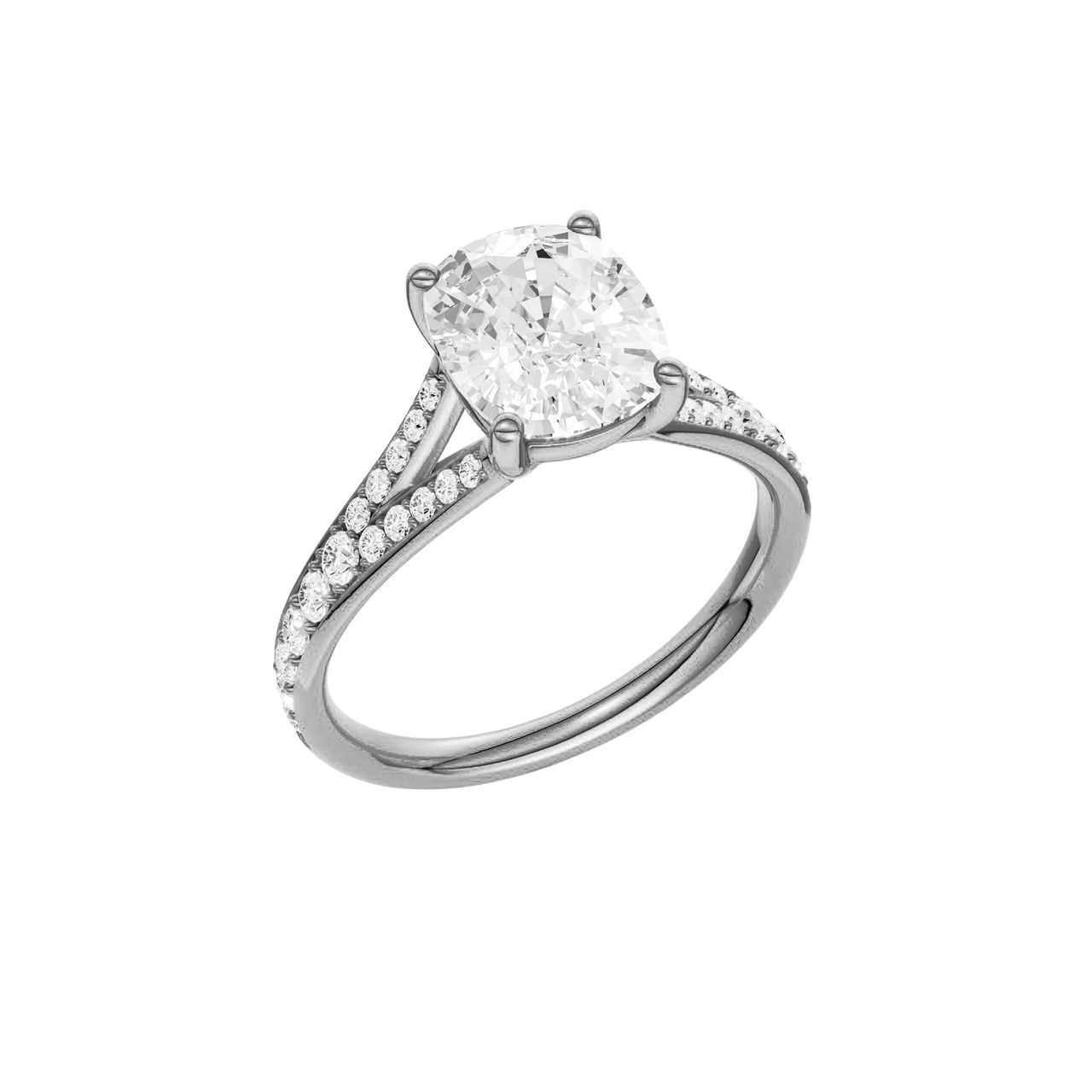 A  three-quarter view of the Elongated cushion cut diamond engagement ring in 14k white gold with a diamond channel band and split setting