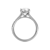 A profile view of the Elongated cushion cut diamond engagement ring in platinum with a diamond channel band and split setting