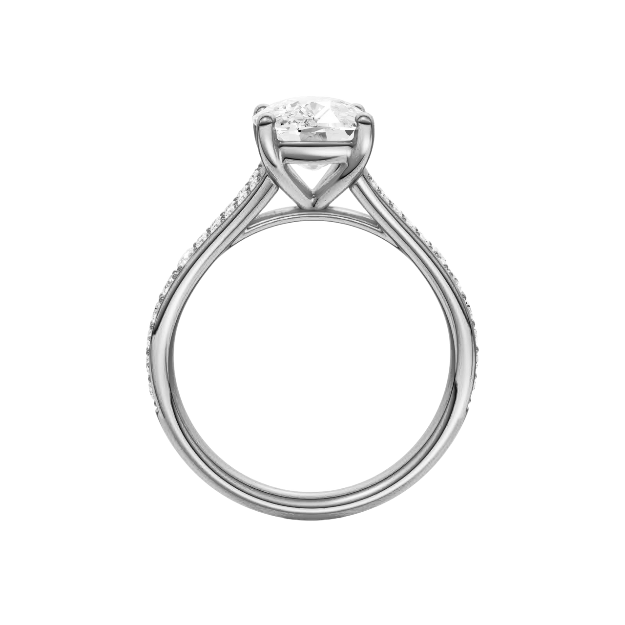 A profile view of the Elongated cushion cut diamond engagement ring in 14k white gold with a diamond channel band and split setting