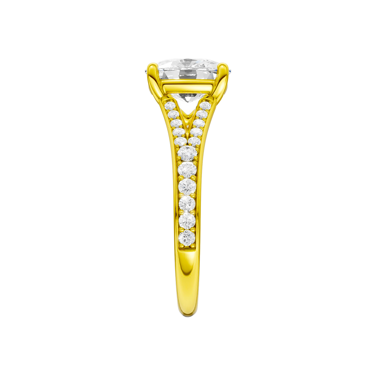 A side view of the Elongated cushion cut diamond engagement ring in 14k yellow gold with a diamond channel band and split setting