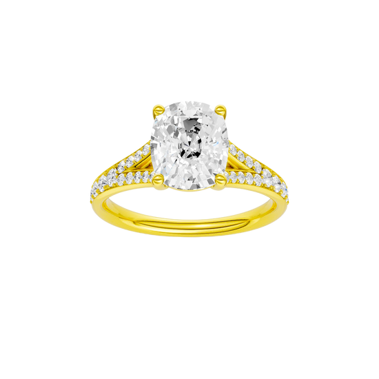 A front view of the Elongated cushion cut diamond engagement ring in 14k yellow gold with a diamond channel band and split setting