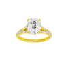 A front view of the Elongated cushion cut diamond engagement ring in 14k yellow gold with a diamond channel band and split setting