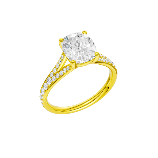 A three-quarter view of the Elongated cushion cut diamond engagement ring in 14k yellow gold with a diamond channel band and split setting