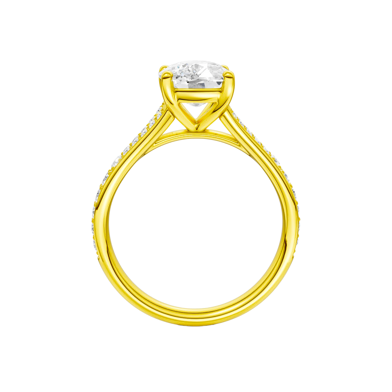 A profile view of the Elongated cushion cut diamond engagement ring in 14k yellow gold with a diamond channel band and split setting