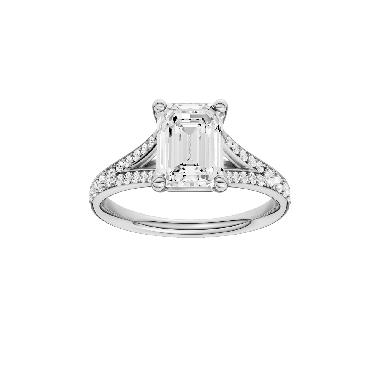 A front view of the Emerald cut diamond engagement ring in 14k white gold with a diamond channel band and split setting
