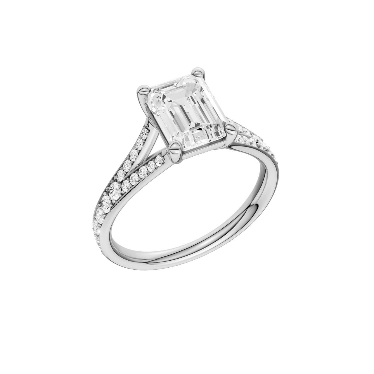 A three-quarter view of the Emerald cut diamond engagement ring in 14k white gold with a diamond channel band and split setting