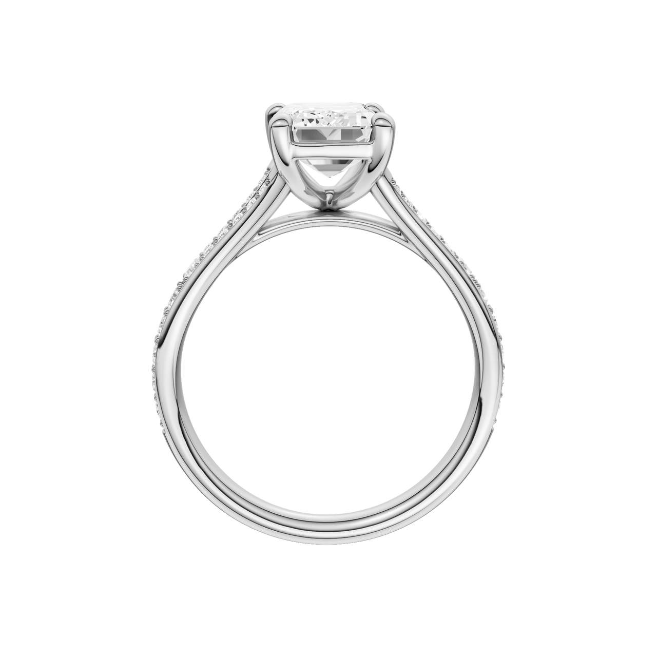 A profile view of the Emerald cut diamond engagement ring in platinum with a diamond channel band and split setting
