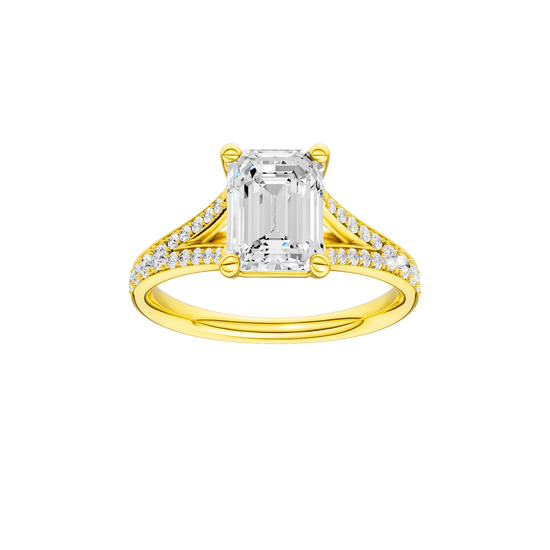 A front view of the Emerald cut diamond engagement ring in 14k yellow gold with a diamond channel band and split setting