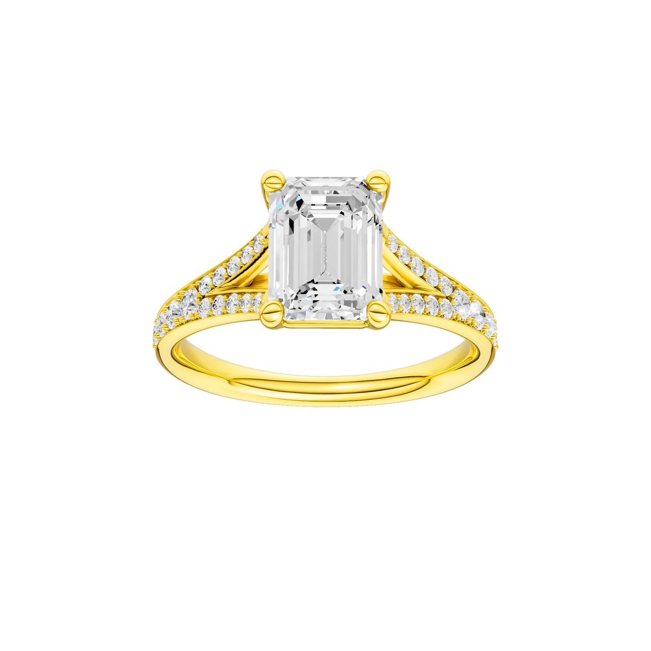 A front view of the Emerald cut diamond engagement ring in 14k yellow gold with a diamond channel band and split setting