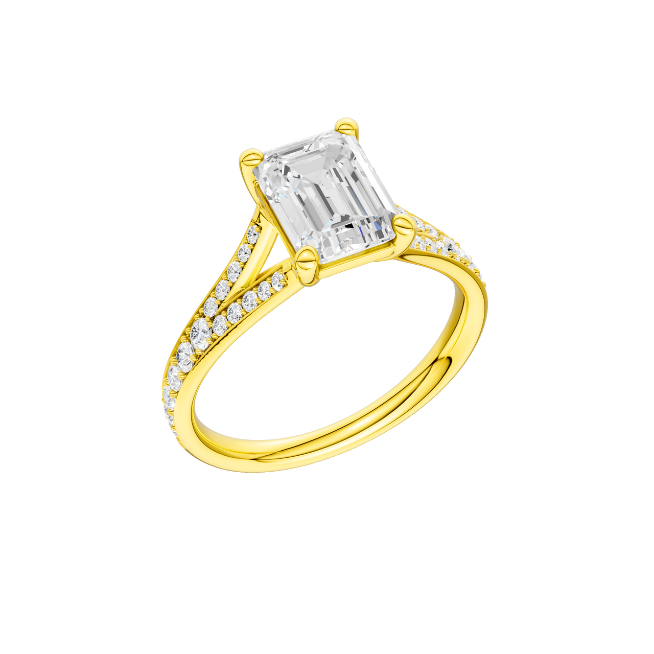 A three-quarter view of the Emerald cut diamond engagement ring in 14k yellow gold with a diamond channel band and split setting