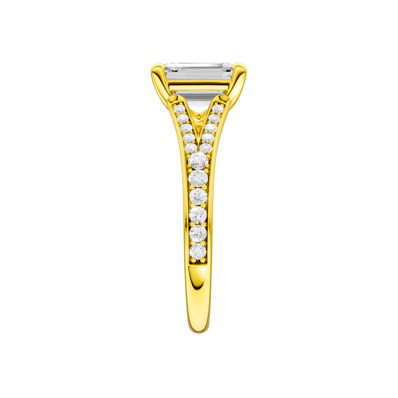 A side view of the Emerald cut diamond engagement ring in 14k yellow gold with a diamond channel band and split setting