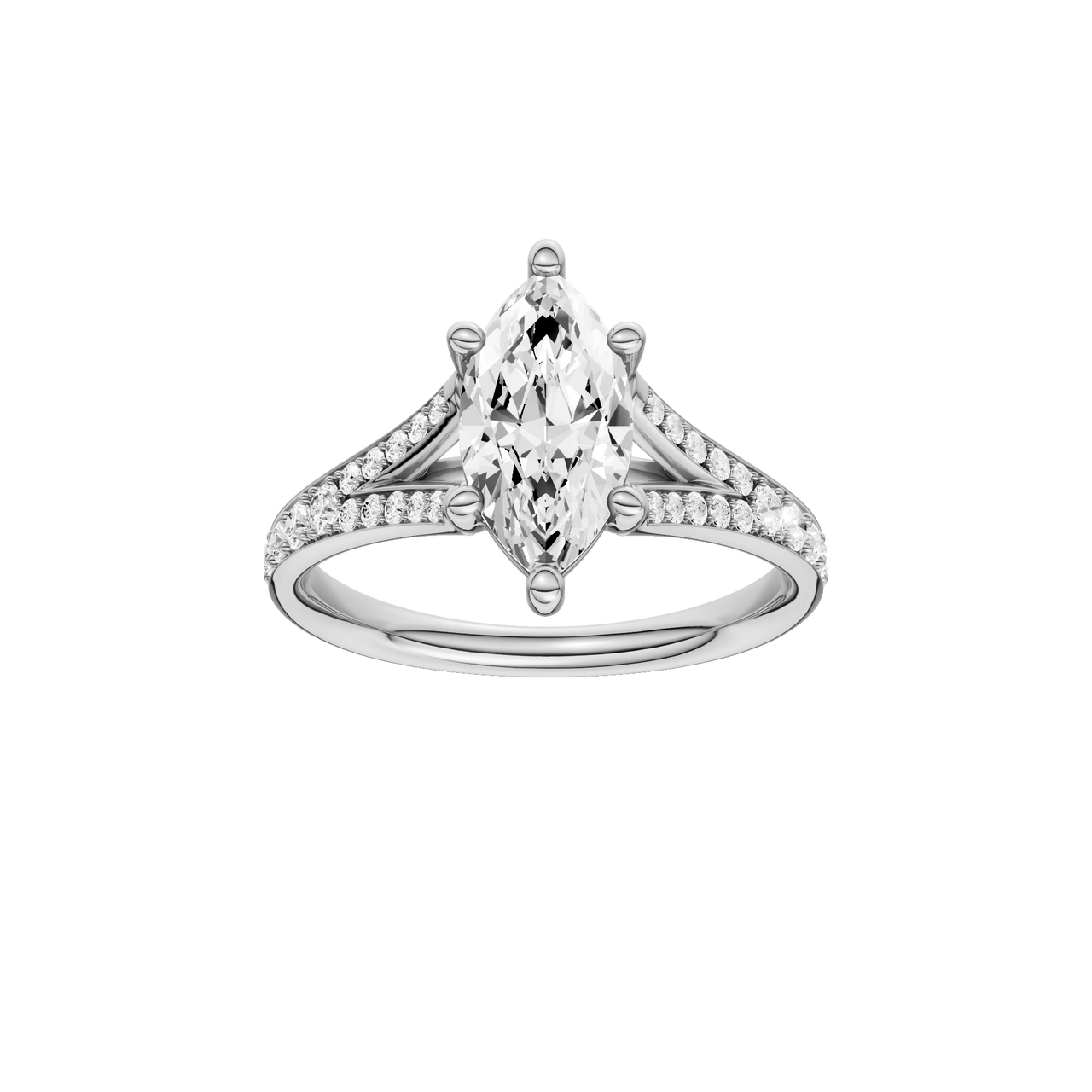 A front view of the Marquise cut diamond engagement ring in 14k white gold with a diamond channel band and split setting