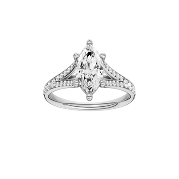 A front view of the Marquise cut diamond engagement ring in 14k white gold with a diamond channel band and split setting