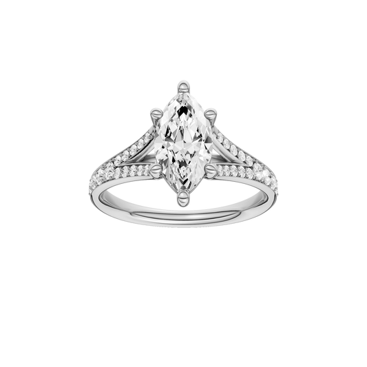 A front view of the Marquise cut diamond engagement ring in 14k white gold with a diamond channel band and split setting