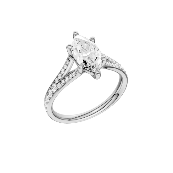 A three-quarter view of the Marquise cut diamond engagement ring in platinum with a diamond channel band and split setting