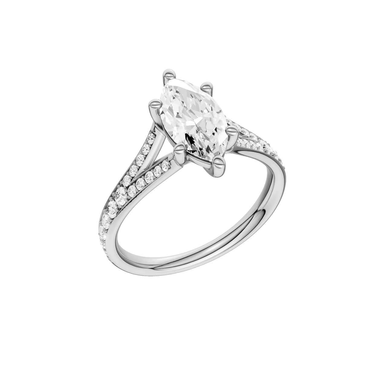 A three-quarter view of the Marquise cut diamond engagement ring in platinum with a diamond channel band and split setting