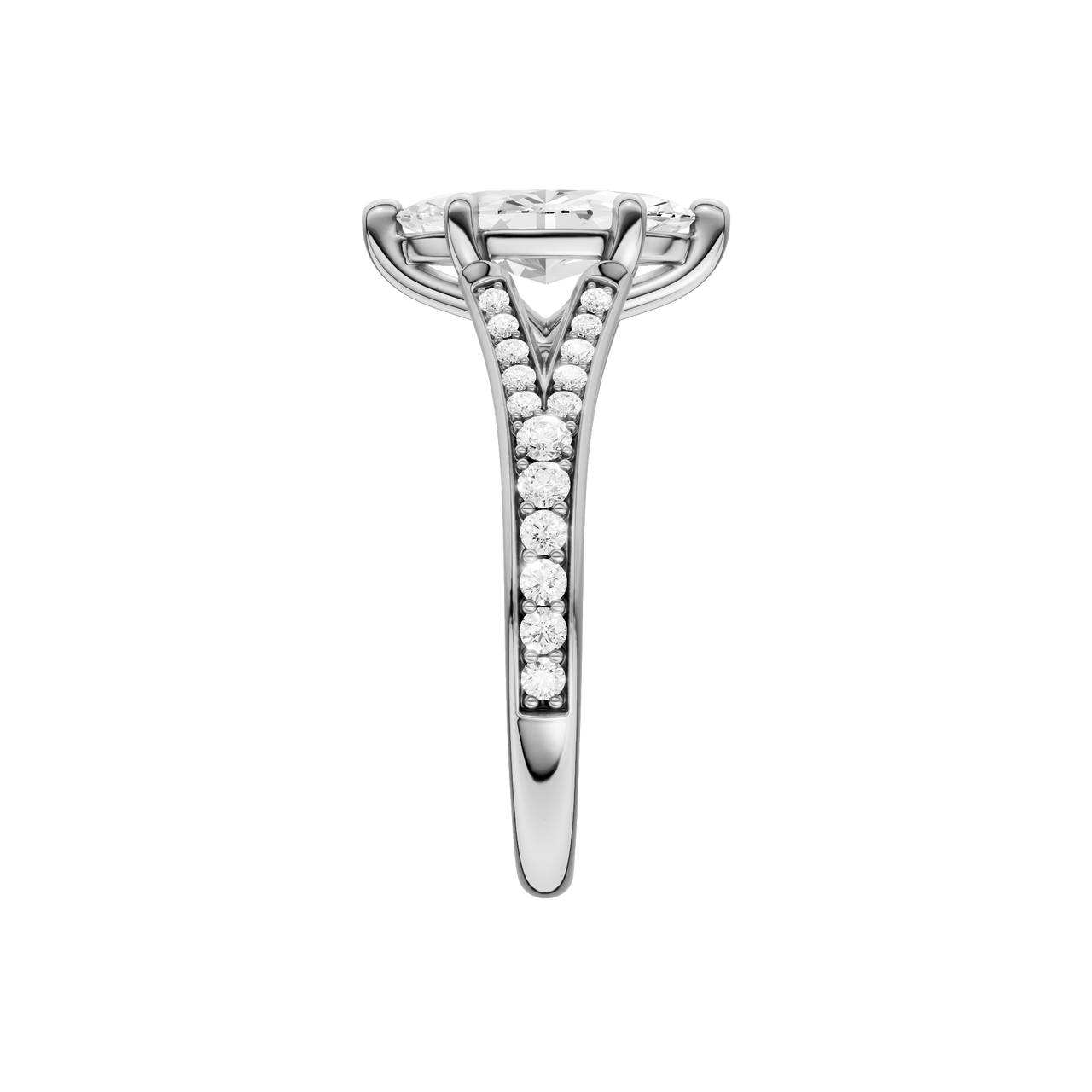 A side view of the Marquise cut diamond engagement ring in 14k white gold with a diamond channel band and split setting