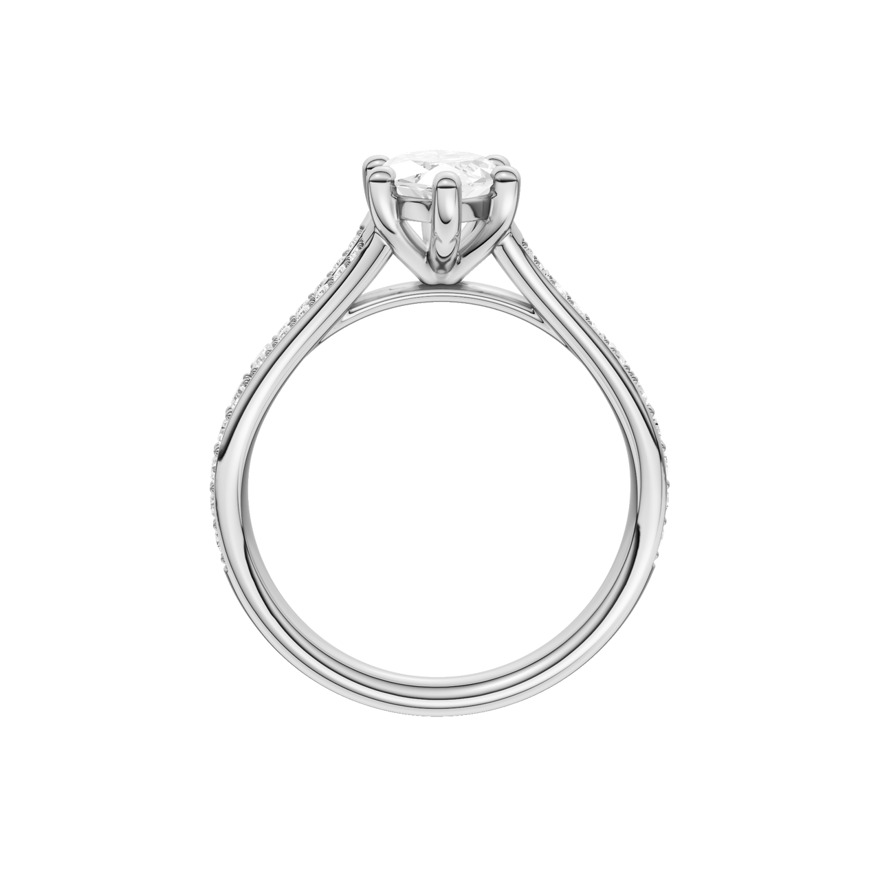 A profile view of the Marquise cut diamond engagement ring in 14k white gold with a diamond channel band and split setting