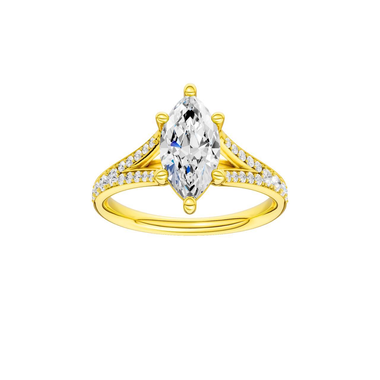 A front view of the Marquise cut diamond engagement ring in 14k yellow gold with a diamond channel band and split setting