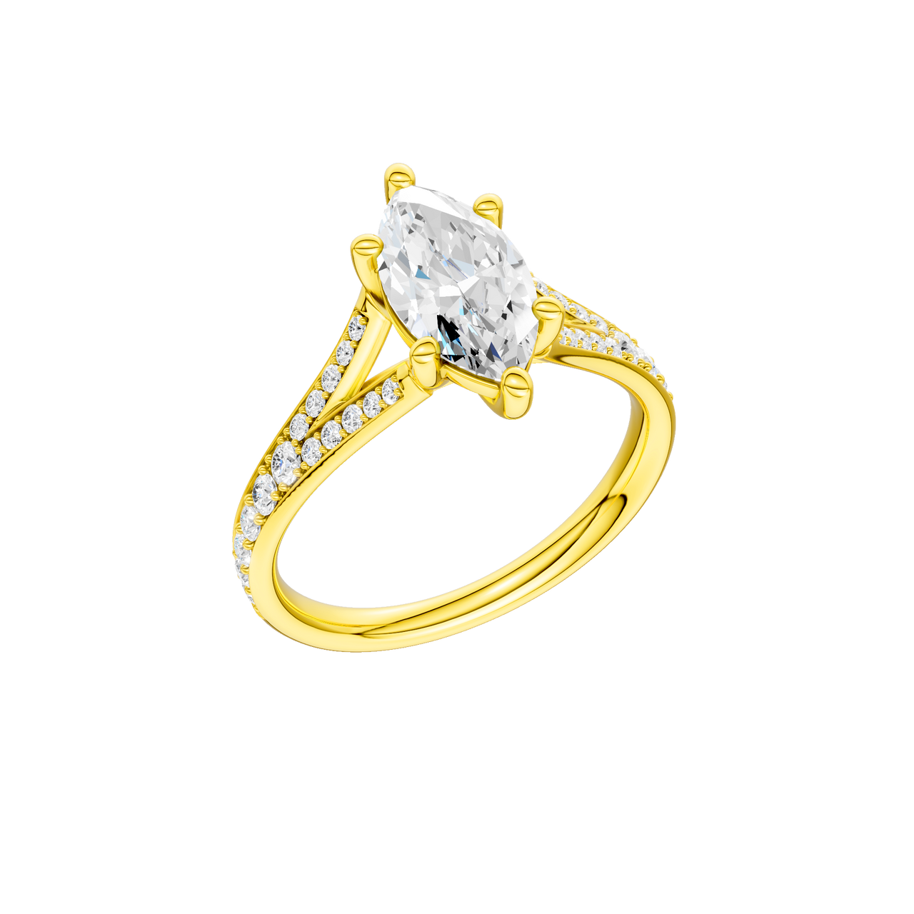 A three-quarter view of the Marquise cut diamond engagement ring in 14k yellow gold with a diamond channel band and split setting