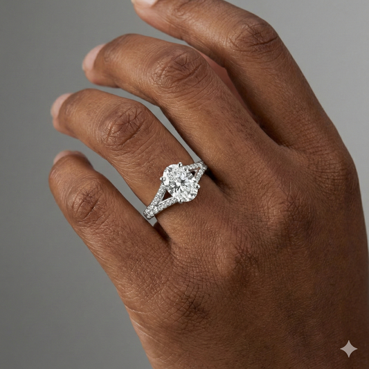 Oval cut diamond engagement ring in 14k white gold with a diamond channel band and split setting on a hand