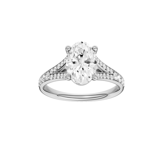 A front view of the Oval cut diamond engagement ring in platinum with a diamond channel band and split setting