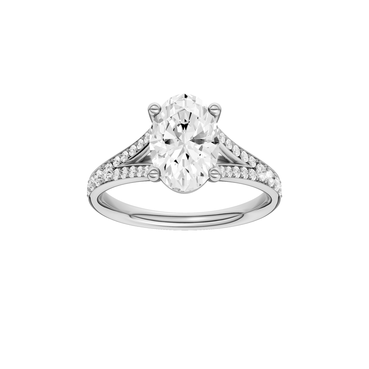 A front view of the Oval cut diamond engagement ring in platinum with a diamond channel band and split setting